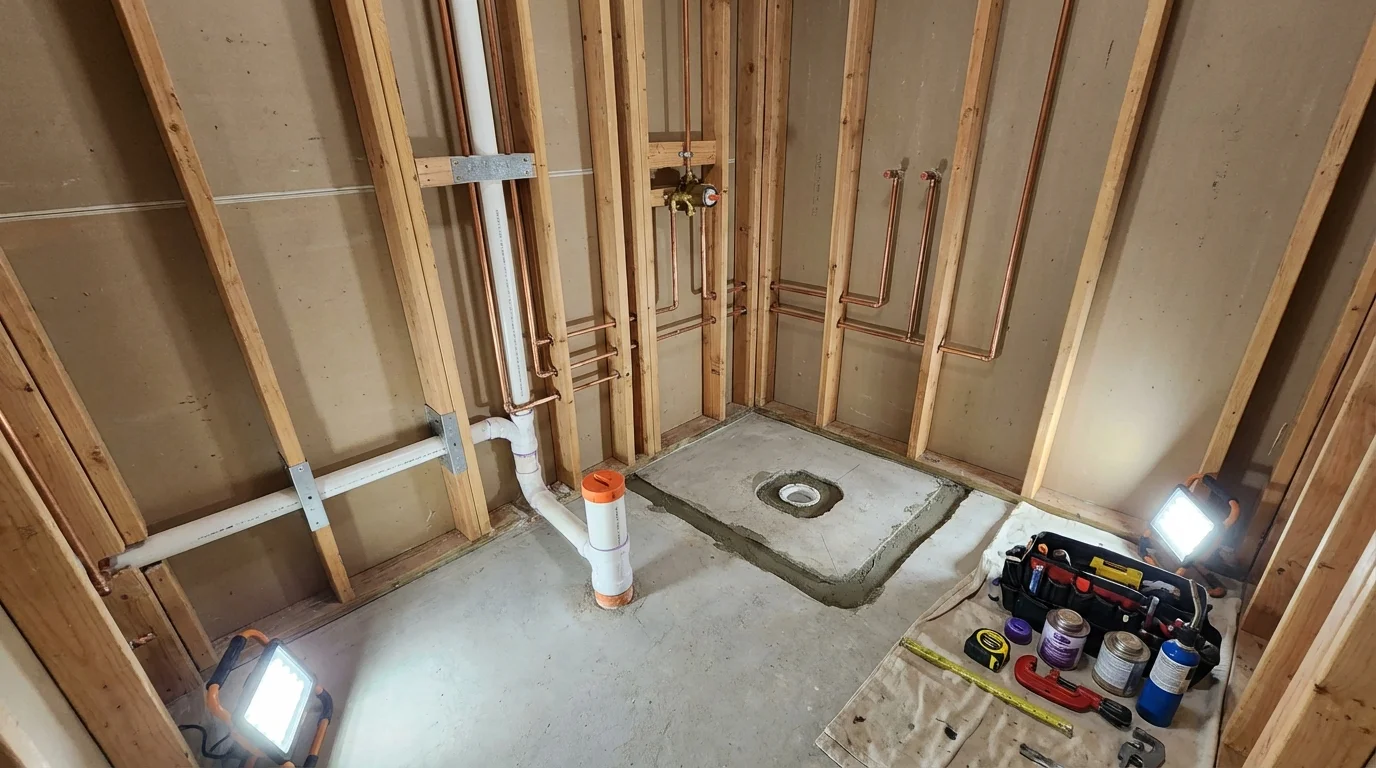 Bathroom rough-in plumbing during remodel by Johns Plumbing LLC in Mercer