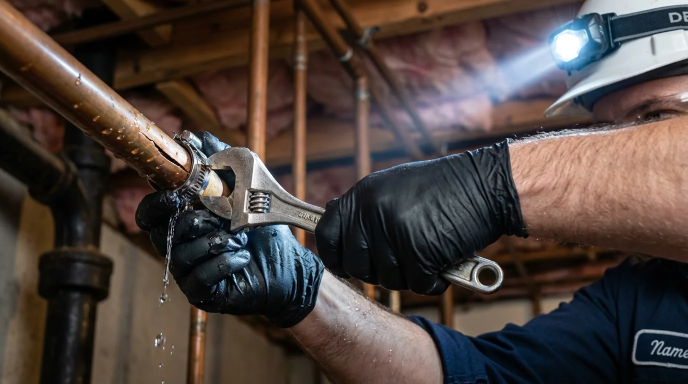 Emergency pipe clamp repair being performed by a Johns Plumbing LLC plumber in Mercer