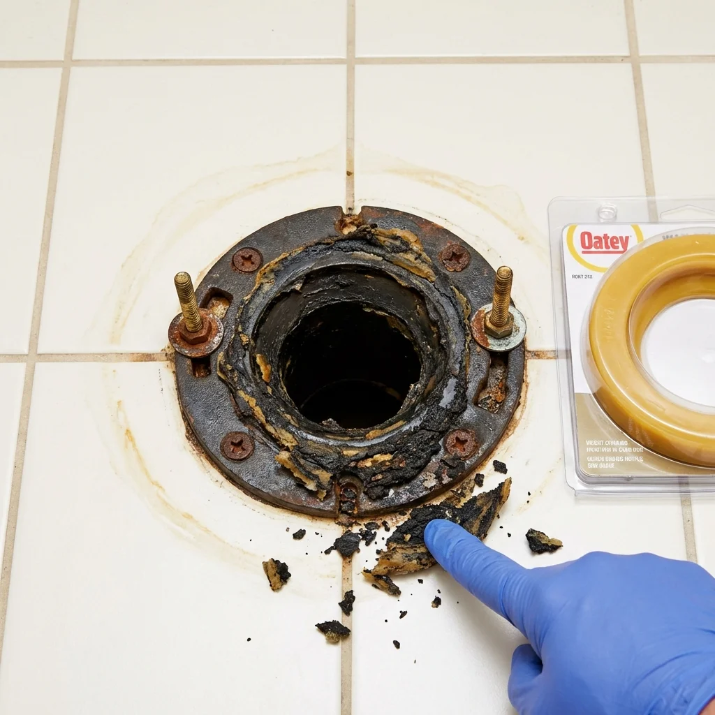 Failed wax ring showing water seepage at the base of a toilet in a Mercer, PA home