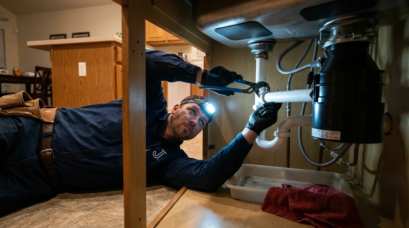 P-trap and supply line connections under a kitchen sink showing a common leak point in Mercer, PA